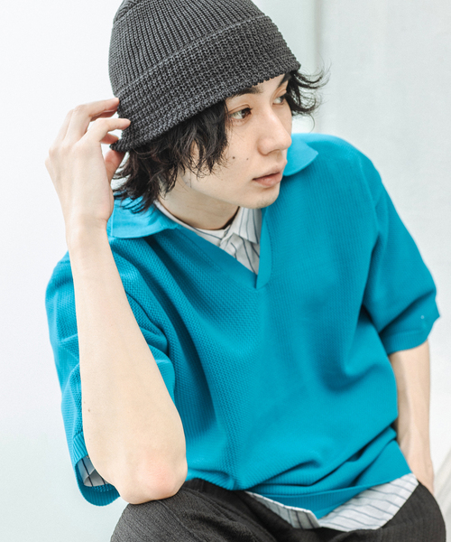 417 EDIFICE(フォーワンセブンエディフィス)の「ハニカムニットスキッパー(Tシャツ/カットソー・メンズ・ブラック/ベージュ/ブルー系その他・MEDIUM/LARGE)」の3枚目の写真
