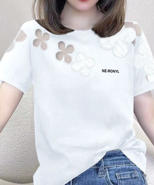 tシャツ フラワーカットアウトシースルー半袖Tシャツ レディース フラワーカットアウトシースルー半袖Tシャツ（Tシャツ