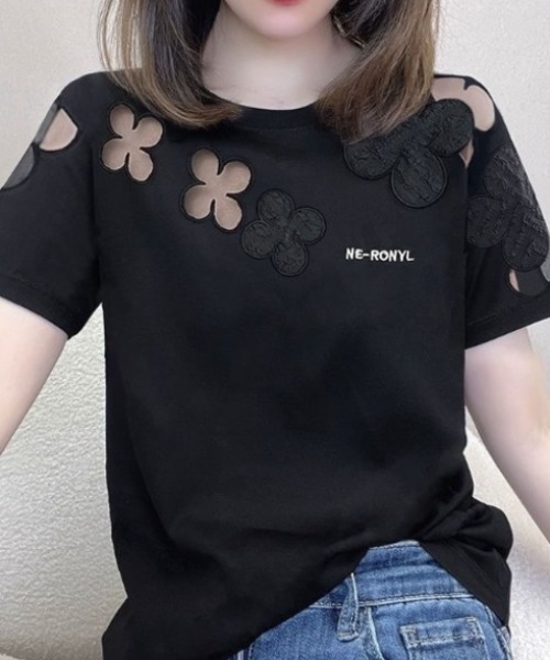フラワーカットアウトシースルー半袖Tシャツ（Tシャツ/カットソー 