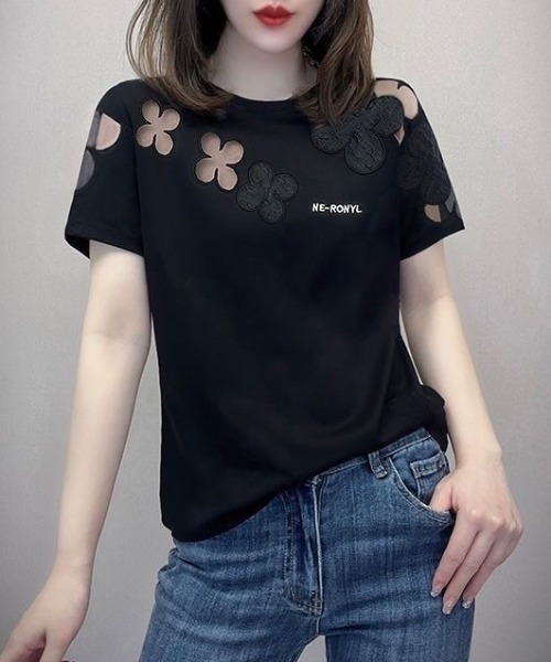 tシャツ フラワーカットアウトシースルー半袖Tシャツ レディース フラワーカットアウトシースルー半袖Tシャツ（Tシャツ