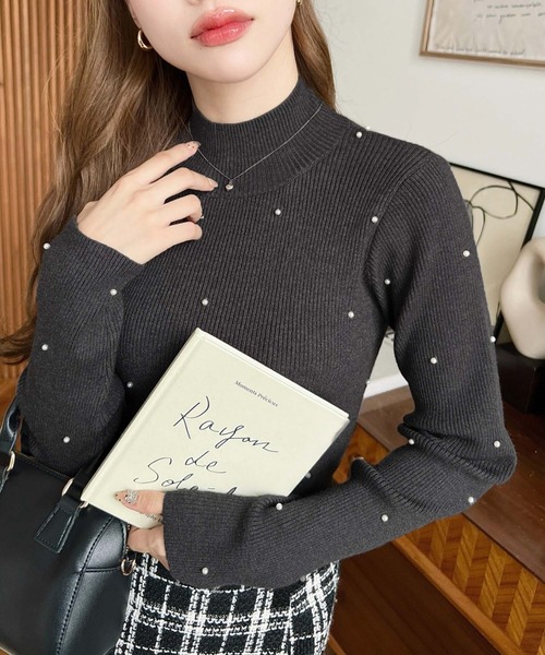 セール】パールハイネックリブニットプルオーバー（ニット/セーター