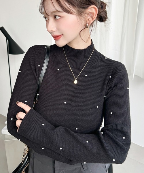 セール】パールハイネックリブニットプルオーバー（ニット/セーター