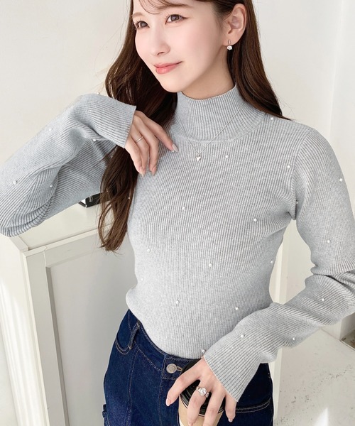 セール】パールハイネックリブニットプルオーバー（ニット/セーター