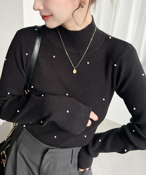 セール】パールハイネックリブニットプルオーバー（ニット/セーター