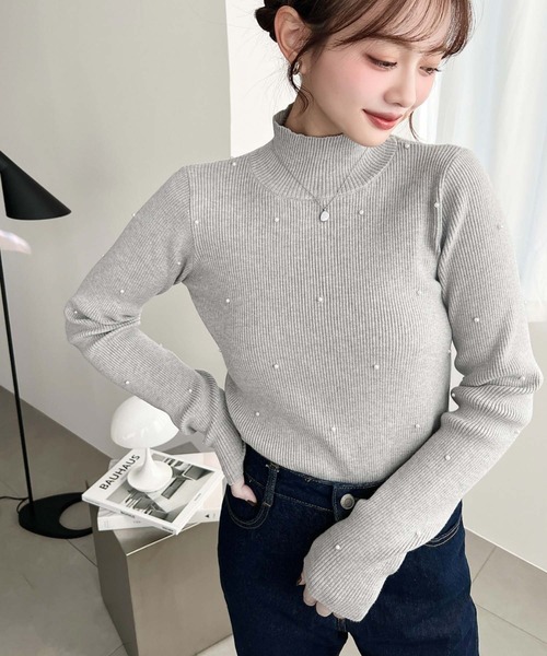 セール】パールハイネックリブニットプルオーバー（ニット/セーター