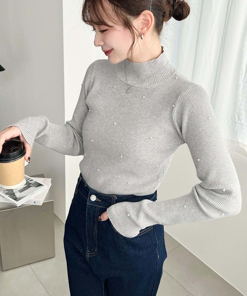 セール】パールハイネックリブニットプルオーバー（ニット/セーター