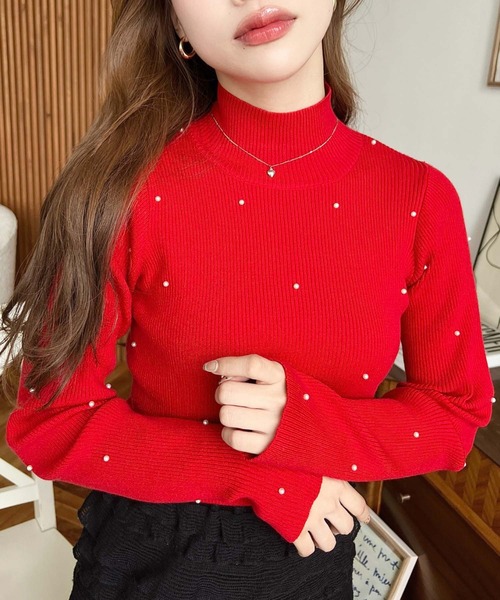 moment+（モーメントプラス）の「パールハイネックリブニットプルオーバー（ニット/セーター・レディース・チャコールグレー/ナチュラル/アイボリー/ブラック/レッド/杢グレー・M/L）」の16枚目の写真