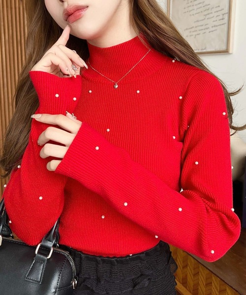 moment+（モーメントプラス）の「パールハイネックリブニットプルオーバー（ニット/セーター・レディース・チャコールグレー/ナチュラル/アイボリー/ブラック/レッド/杢グレー・M/L）」の15枚目の写真