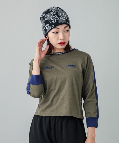 【セール】STRIPED SLEEVE COMPACT L/S TOP（Tシャツ/カットソー）｜X-girl（エックスガール）