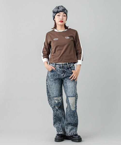 【セール】STRIPED SLEEVE COMPACT L/S TOP（Tシャツ/カットソー）｜X-girl（エックスガール）