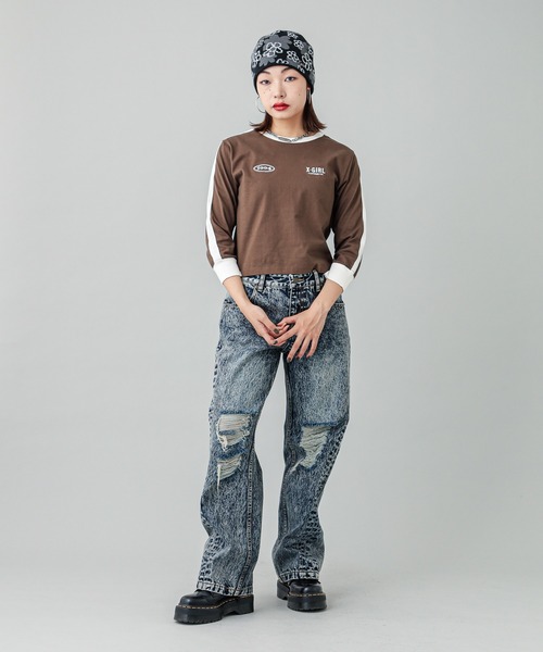 【セール】STRIPED SLEEVE COMPACT L/S TOP（Tシャツ/カットソー）｜X-girl（エックスガール）