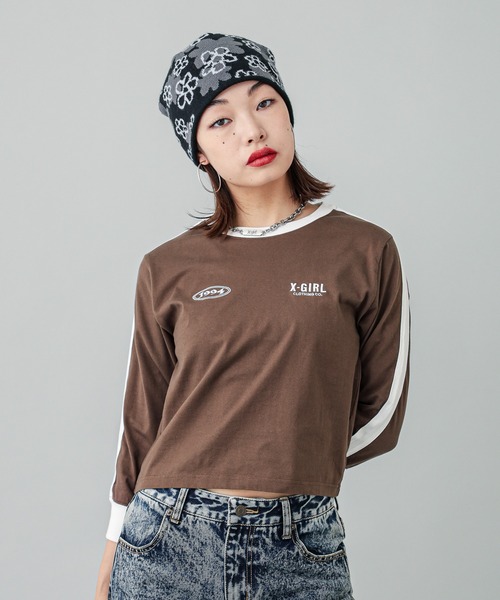 【セール】STRIPED SLEEVE COMPACT L/S TOP（Tシャツ/カットソー）｜X-girl（エックスガール）
