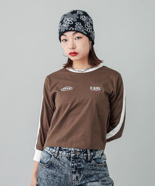 【セール】STRIPED SLEEVE COMPACT L/S TOP（Tシャツ/カットソー）｜X-girl（エックスガール）