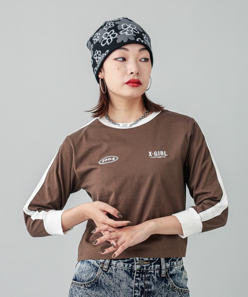 【セール】STRIPED SLEEVE COMPACT L/S TOP（Tシャツ/カットソー）｜X-girl（エックスガール）