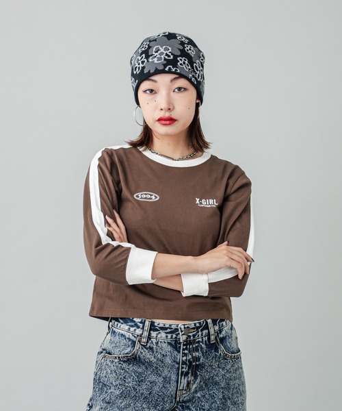 【セール】STRIPED SLEEVE COMPACT L/S TOP（Tシャツ/カットソー）｜X-girl（エックスガール）