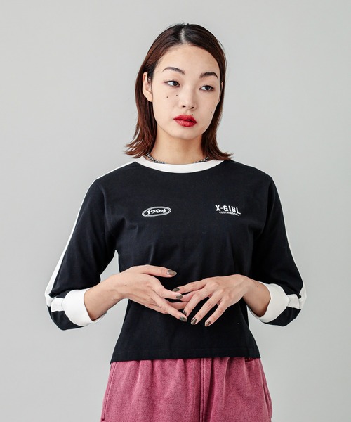 【セール】STRIPED SLEEVE COMPACT L/S TOP（Tシャツ/カットソー）｜X-girl（エックスガール）