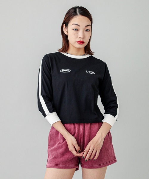 【セール】STRIPED SLEEVE COMPACT L/S TOP（Tシャツ/カットソー）｜X-girl（エックスガール）