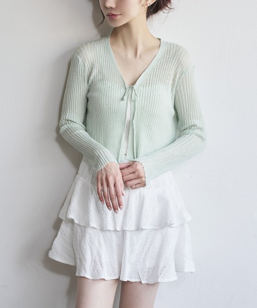 セール】フロントリボンリブシースルーニットカーディガン