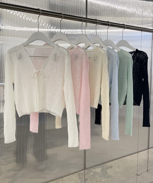 セール】フロントリボンリブシースルーニットカーディガン