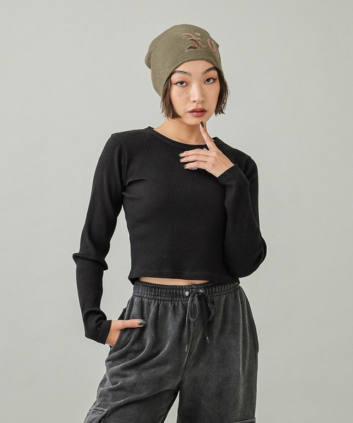 X-girl（エックスガール）の「PATCHED LOGO BEANIE（ニットキャップ/ビーニー・レディース・アッシュ/ブラック/オリーブ・ONE SIZE）」の13枚目の写真