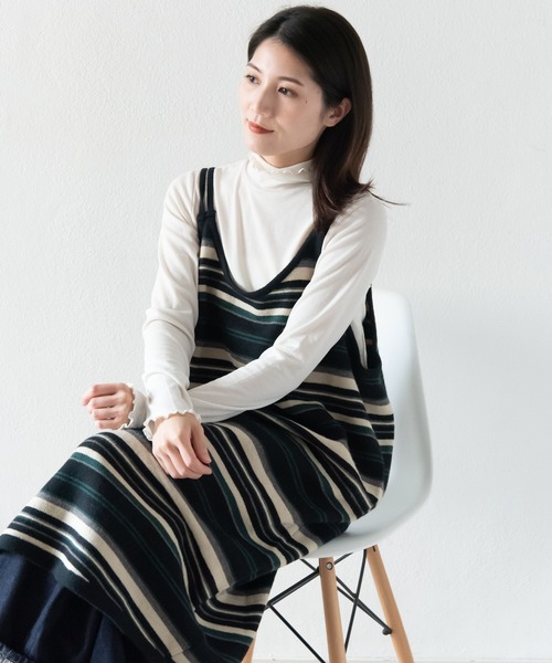 LOSUCA（ロスカ）の「ボーダーニットキャミワンピース  / ニットワンピース ボーダー ロング丈 ナチュラル フレンチ レトロ ヴィンテージ シティガール（ワンピース・レディース・ブラック・FREE）」の8枚目の写真