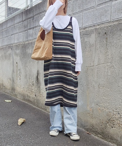 LOSUCA（ロスカ）の「ボーダーニットキャミワンピース  / ニットワンピース ボーダー ロング丈 ナチュラル フレンチ レトロ ヴィンテージ シティガール（ワンピース・レディース・ブラック・FREE）」の20枚目の写真