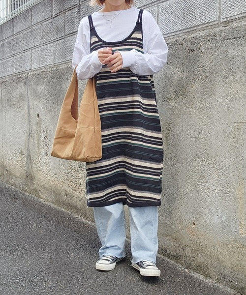 LOSUCA（ロスカ）の「ボーダーニットキャミワンピース  / ニットワンピース ボーダー ロング丈 ナチュラル フレンチ レトロ ヴィンテージ シティガール（ワンピース・レディース・ブラック・FREE）」の18枚目の写真