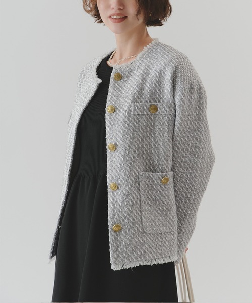 セール】ノーカラーツイードジャケット（ノーカラージャケット