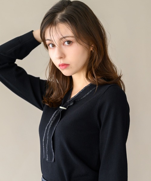 MISCH MASCH(ミッシュマッシュ)の「パールリング付きラメボウタイニット/MM448319(ニット/セーター・レディース・ホワイト/ブラック/グレー/ブルー・フリ-)」の8枚目の写真