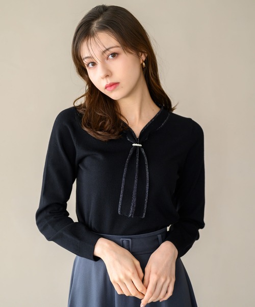 MISCH MASCH(ミッシュマッシュ)の「パールリング付きラメボウタイニット/MM448319(ニット/セーター・レディース・ホワイト/ブラック/グレー/ブルー・フリ-)」の9枚目の写真