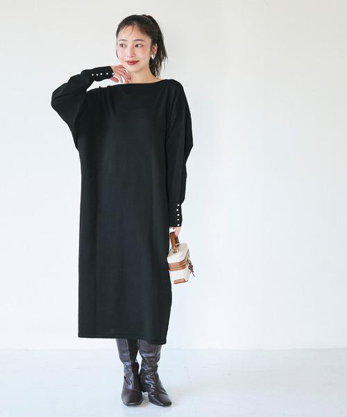 coca(coca)(コカ)の「袖パールニットドレス(ワンピース・レディース・ブラック/チャコール・L/M)」の3枚目の写真