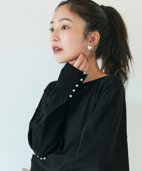 coca(coca)(コカ)の「袖パールニットドレス(ワンピース・レディース・ブラック/チャコール・L/M)」の4枚目の写真
