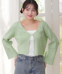 パール装飾リボン刺繍カーディガン