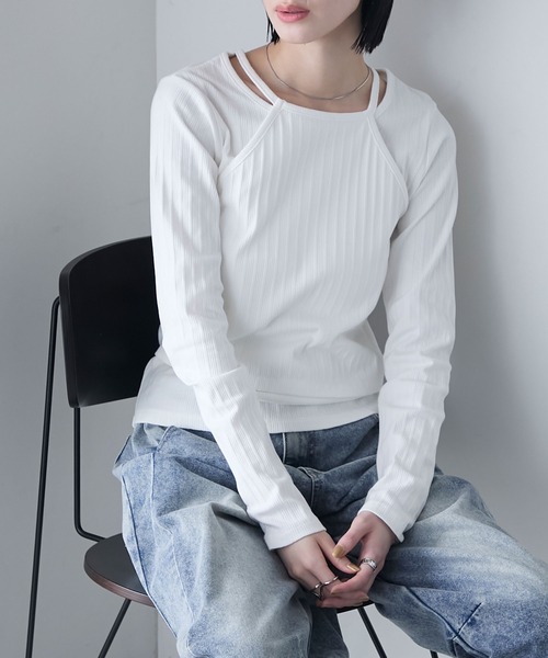 forksy.(フォルクシー)の「【forksy.】ホルターネック リブ レイヤードトップス(Tシャツ/カットソー・レディース・オフホワイト/ネイビー/ブラウン・FREE)」の2枚目の写真