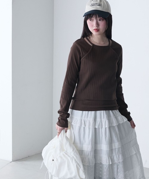 tシャツ ホルターネックレイヤードリブTOP レディース セール】【forksy.】ホルターネック リブ レイヤードトップス（T