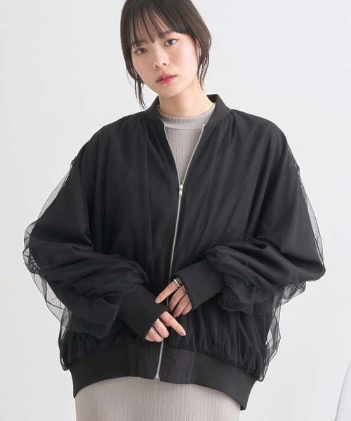 earth music&ecology(アースミュージックアンドエコロジー)の「チュールレイヤードMA-1(ブルゾン・レディース・アイボリー/ピンクベージュ/グレー/ブラック・FREE)」の1枚目の写真