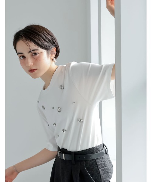 MEISM（ミズム）の「[MEISM by Re:EDIT][UVカット][接触冷感][吸水][速乾]スムースコットンビジューデザインTシャツ（Tシャツ/カットソー・レディース・ホワイト/ブラック・MEDIUM/LARGE）」の9枚目の写真