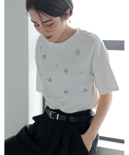 MEISM（ミズム）の「[MEISM by Re:EDIT][UVカット][接触冷感][吸水][速乾]スムースコットンビジューデザインTシャツ（Tシャツ/カットソー・レディース・ホワイト/ブラック・MEDIUM/LARGE）」の7枚目の写真