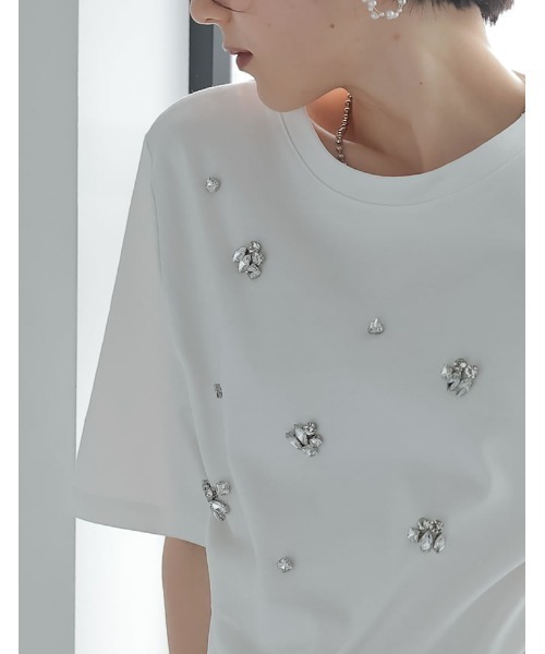 MEISM（ミズム）の「[MEISM by Re:EDIT][UVカット][接触冷感][吸水][速乾]スムースコットンビジューデザインTシャツ（Tシャツ/カットソー・レディース・ホワイト/ブラック・MEDIUM/LARGE）」の12枚目の写真