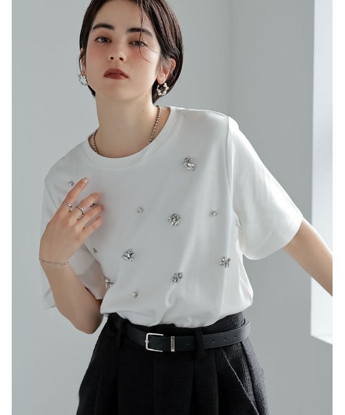 MEISM（ミズム）の「[MEISM by Re:EDIT][UVカット][接触冷感][吸水][速乾]スムースコットンビジューデザインTシャツ（Tシャツ/カットソー・レディース・ホワイト/ブラック・MEDIUM/LARGE）」の13枚目の写真