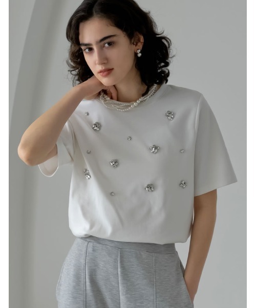 MEISM（ミズム）の「[MEISM by Re:EDIT][UVカット][接触冷感][吸水][速乾]スムースコットンビジューデザインTシャツ（Tシャツ/カットソー・レディース・ホワイト/ブラック・MEDIUM/LARGE）」の19枚目の写真
