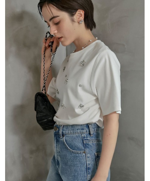 MEISM（ミズム）の「[MEISM by Re:EDIT][UVカット][接触冷感][吸水][速乾]スムースコットンビジューデザインTシャツ（Tシャツ/カットソー・レディース・ホワイト/ブラック・MEDIUM/LARGE）」の15枚目の写真