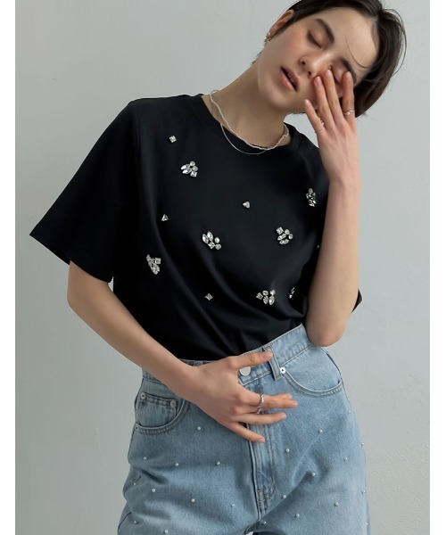 MEISM（ミズム）の「[MEISM by Re:EDIT][UVカット][接触冷感][吸水][速乾]スムースコットンビジューデザインTシャツ（Tシャツ/カットソー・レディース・ホワイト/ブラック・MEDIUM/LARGE）」の22枚目の写真