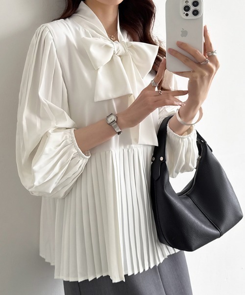 セール】【4色展開】 ボウタイブラウス ペプラム リボンタイ プリーツ