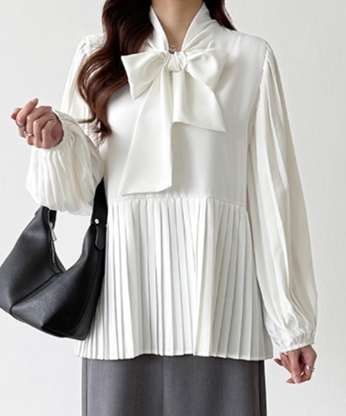 セール】【4色展開】 ボウタイブラウス ペプラム リボンタイ プリーツ