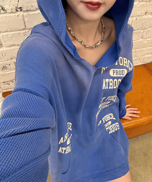 RePRODUCTION LABEL(リプロダクションレーベル)の「【RePRODUCTION LABEL / リプロダクションレーベル】サーマルスキッパーフーディー(Tシャツ/カットソー・レディース・チャコールグレー/ブルー・FREE)」の16枚目の写真