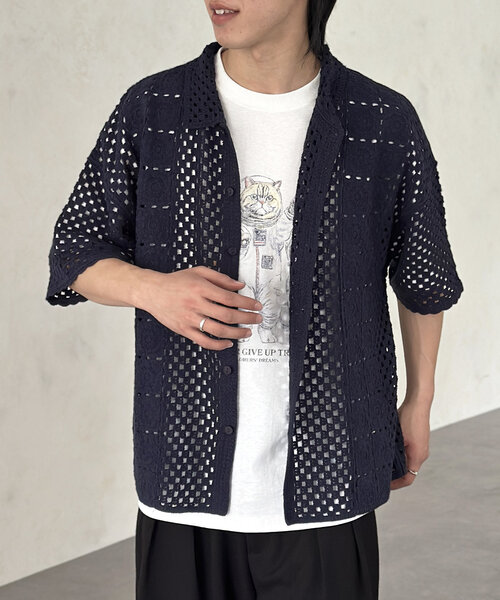 CPCM（シーピーシーエム）の「クロシェ半袖ニットシャツ（シャツ/ブラウス・レディース・ネイビー/グリーン/ブラック/オフホワイト・MEDIUM/LARGE）」の4枚目の写真