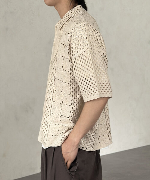 CPCM（シーピーシーエム）の「クロシェ半袖ニットシャツ（シャツ/ブラウス・レディース・ネイビー/グリーン/ブラック/オフホワイト・MEDIUM/LARGE）」の10枚目の写真