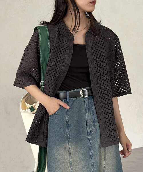 CPCM（シーピーシーエム）の「クロシェ半袖ニットシャツ（シャツ/ブラウス・レディース・ネイビー/グリーン/ブラック/オフホワイト・MEDIUM/LARGE）」の14枚目の写真