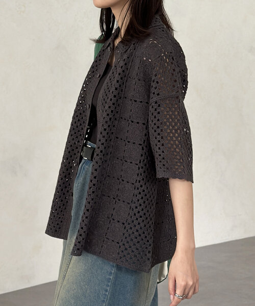 CPCM（シーピーシーエム）の「クロシェ半袖ニットシャツ（シャツ/ブラウス・レディース・ネイビー/グリーン/ブラック/オフホワイト・MEDIUM/LARGE）」の15枚目の写真